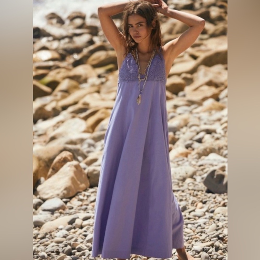 Free People Periwinkle Lovey Crotchet Maxi Dress Plunge V Neck Beachy Boho Small